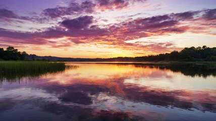 Dawn over a serene lake; golden light illuminates the sky in pink and lavender hues with wispy clouds.