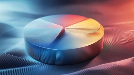 Fototapeta premium Close-up of a metallic pie chart with three sections, blue, pink and yellow, resting on a textured surface.