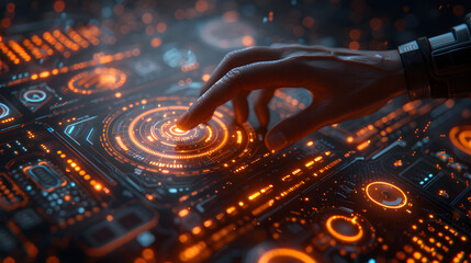 A close-up of a hand touching a glowing futuristic control panel with orange holographic elements and digital interface features