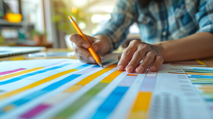 Obraz premium Analyzing project data with colorful charts and graphs, focused individual works diligently
