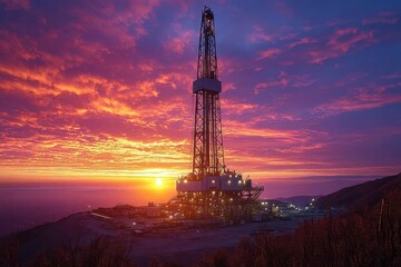 silhouetted oil rig at dawn vibrant sky first rays of sunlight vast oil field industrial landscape