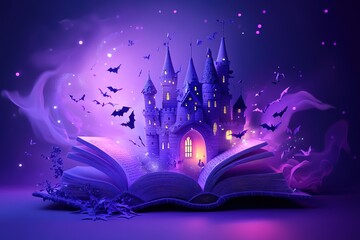 Halloween background in dark night with pumpkin and open book for product banner for promotion sales. Halloween background 3D rendering.