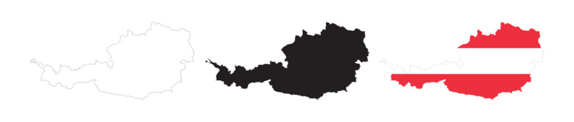 Fototapeta premium Austria map in various style outline, icon, black color, border, flag colors. Europe country icons collection. Vector illustration