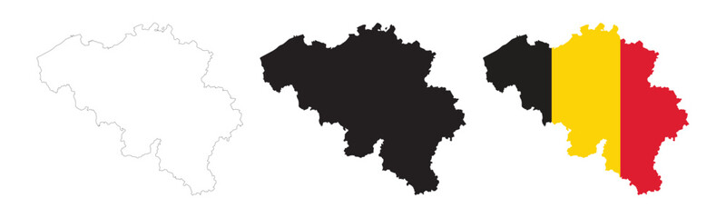 Belgium map in various style outline, icon, black color, border, flag colors. Europe country icons collection. Vector illustration