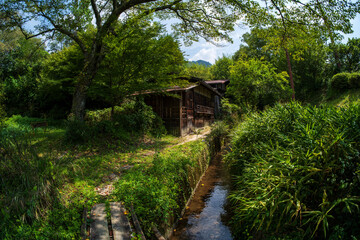 木々に囲まれた小川沿いに佇む古びた小屋