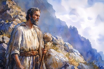 Fototapeta premium Abraham Prepares to Sacrifice Isaac: A Watercolor Interpretation of a Biblical Scene