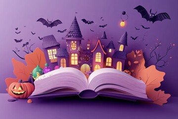 Halloween background in dark night with pumpkin and open book for product banner for promotion sales. Halloween background 3D rendering.