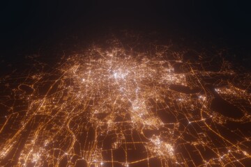 Aerial view on Leipzig (Germany) from west. Top view on modern city at night from satellite