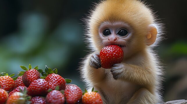 A cute baby monkey with golden fur eats a red strawberry.