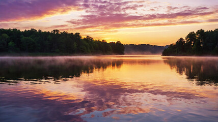 Fototapeta premium Dawn over a serene lake; golden light illuminates the sky in pink and lavender hues with wispy clouds.
