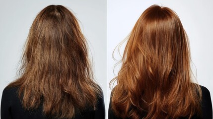 Fototapeta premium A before-and-after comparison of damaged versus healthy hair, highlighting the transformation after treatment.