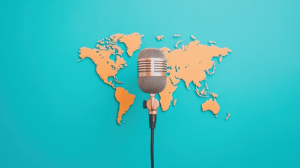 A podcaster with a world map in the background, recording global news and stories