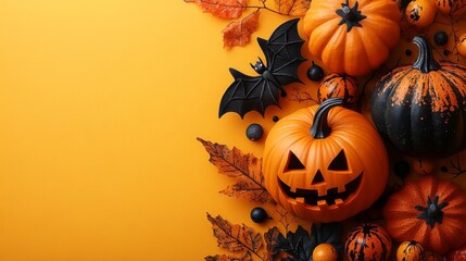 Halloween poster and banner template with cute halloween pumpkin,bat,spider and candy on yellow background. 