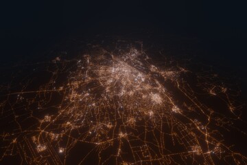 Aerial view on Damascus (Syria) from east. Top view on modern city at night from satellite