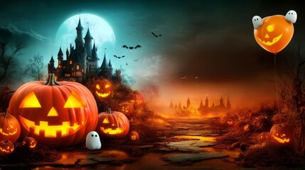 halloween background with pumpkins and cute ghosts