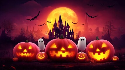 Fototapeta premium halloween background with pumpkins and cute ghosts