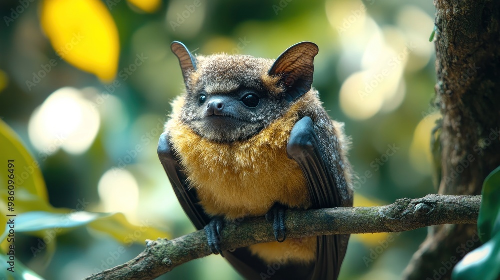Poster a close-up of a fluffy bat perched on a branch in a lush setting.