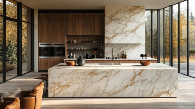 sleek marble kitchen island bathed in natural light minimalist design with subtle veining perfect for product display