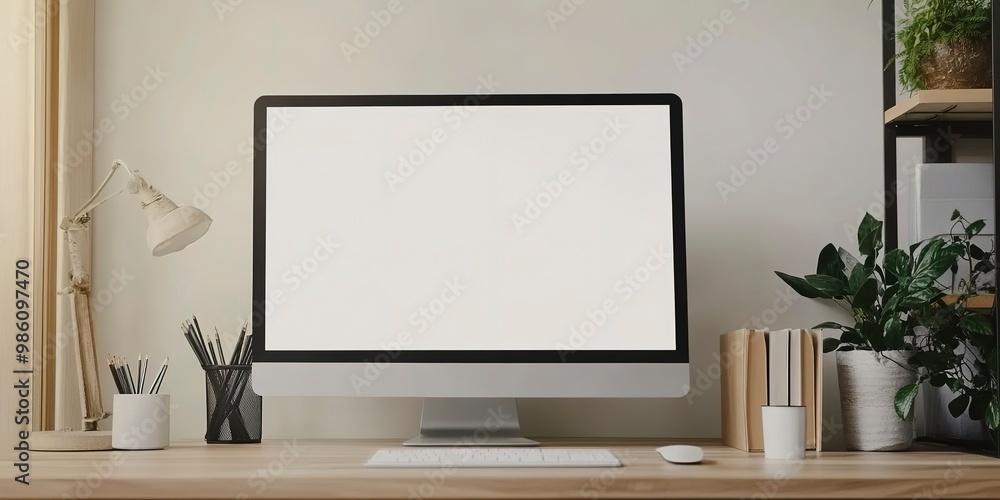 Canvas Prints Workspace desk with pc and blank screen desktop computer in minimal office room with decorations and copy space. Mock up for advertisement,text,logo and other