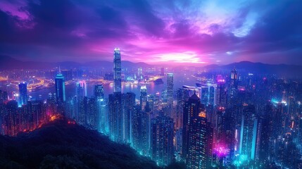 Obraz premium A beautiful view of a luxury city at night, glowing vibrantly from a hilltop, digitally rendered with sleek buildings and colorful lights