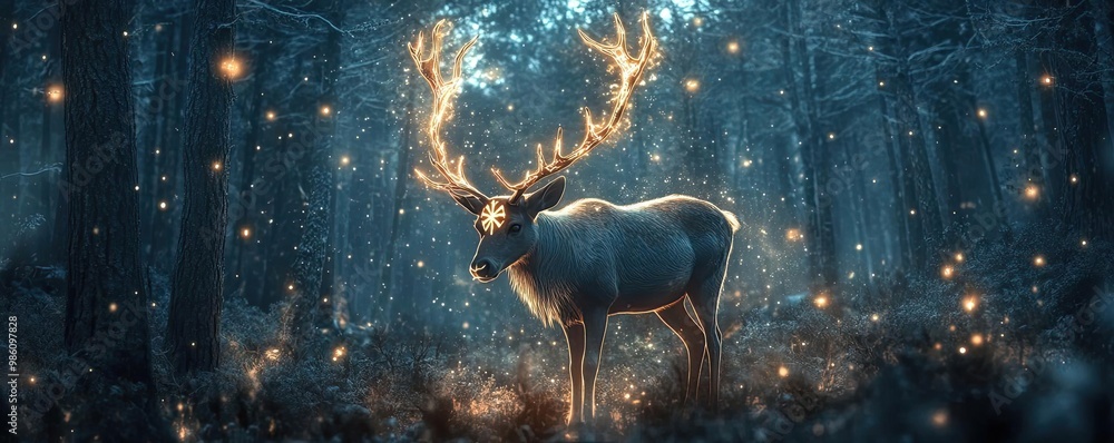 Poster a magical scene featuring a majestic deer in an enchanting forest illuminated by soft light and glow