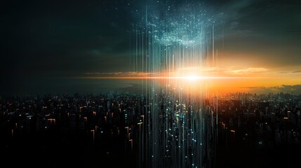 Futuristic City Skyline with Data Streams at Sunset