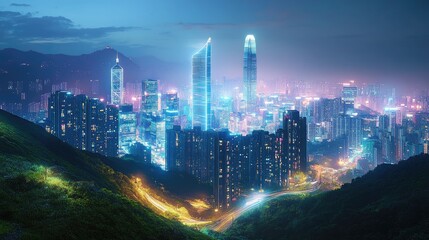 Obraz premium Beautiful digital rendering of a luxury city at night, viewed from a hilltop with glowing lights and modern skyscrapers lighting up the scene