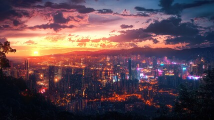 Obraz premium Beautiful luxury city at night from a hilltop, with vibrant lights and glowing buildings, digitally rendered for a dynamic, stunning effect