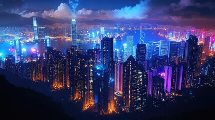 Obraz premium Beautiful luxury city at night from a hilltop, with vibrant lights and glowing buildings, digitally rendered for a dynamic, stunning effect
