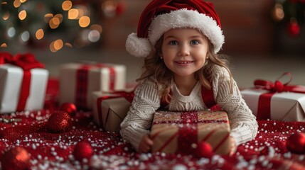A joyful girl in a festive hat lies among gifts, celebrating a magical Christmas morning in cozy surroundings. Generative AI