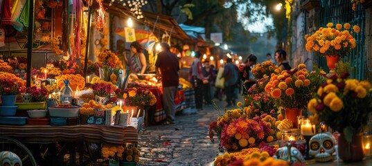 Lively Market with Marigolds and Sugar Skulls for Día de los Muertos Celebration