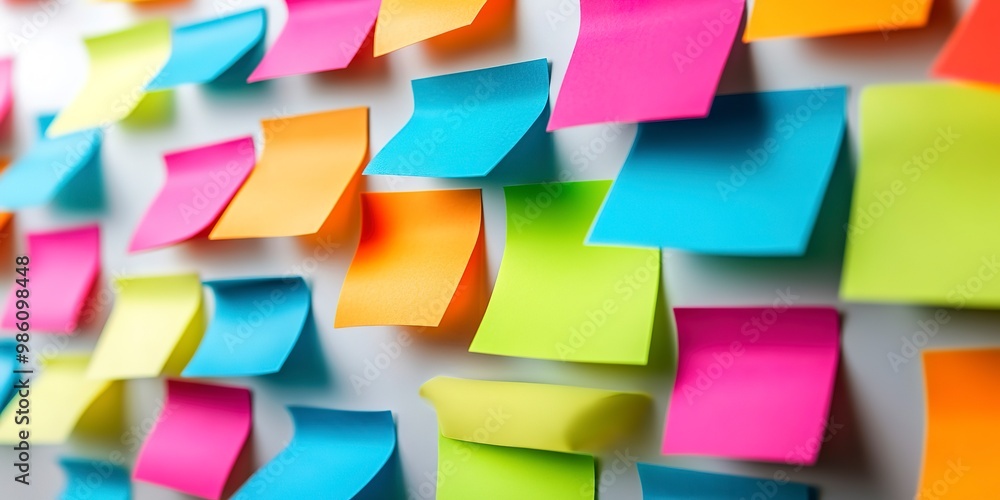 Poster vibrantly colored sticky notes on whiteboard, create concept background for brainstorming session wi