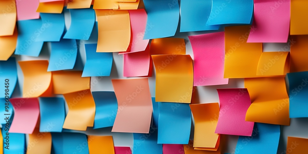 Poster vibrantly colored sticky notes on whiteboard, create concept background for brainstorming session wi