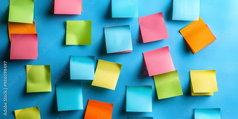 Poster vibrantly colored sticky notes on whiteboard, create concept background for brainstorming session wi