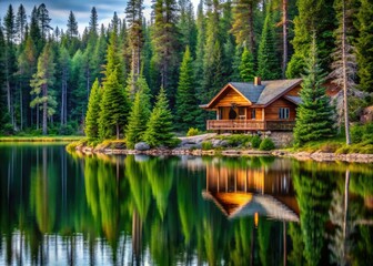 Obraz premium Log cabin amidst towering pines, nestled on the edge of a serene lake, surrounded by lush foliage