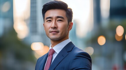 Obraz premium Portrait of a handsome Asian businessman in a suit, looking at the camera against a blurred city background.