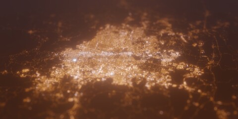 Street lights map of Guadalajara (Mexico) with tilt-shift effect, view from west. Imitation of macro shot with blurred background. 3d render, selective focus