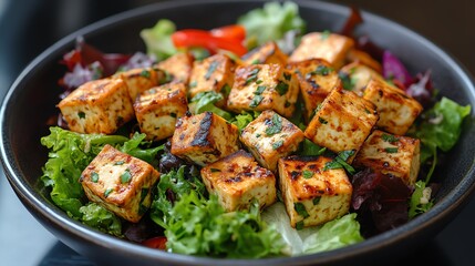 Close-up of a delicious tofu salad with fresh greens and herbs.