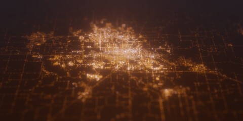 Street lights map of Springfield (Illinois, USA) with tilt-shift effect, view from east. Imitation of macro shot with blurred background. 3d render, selective focus