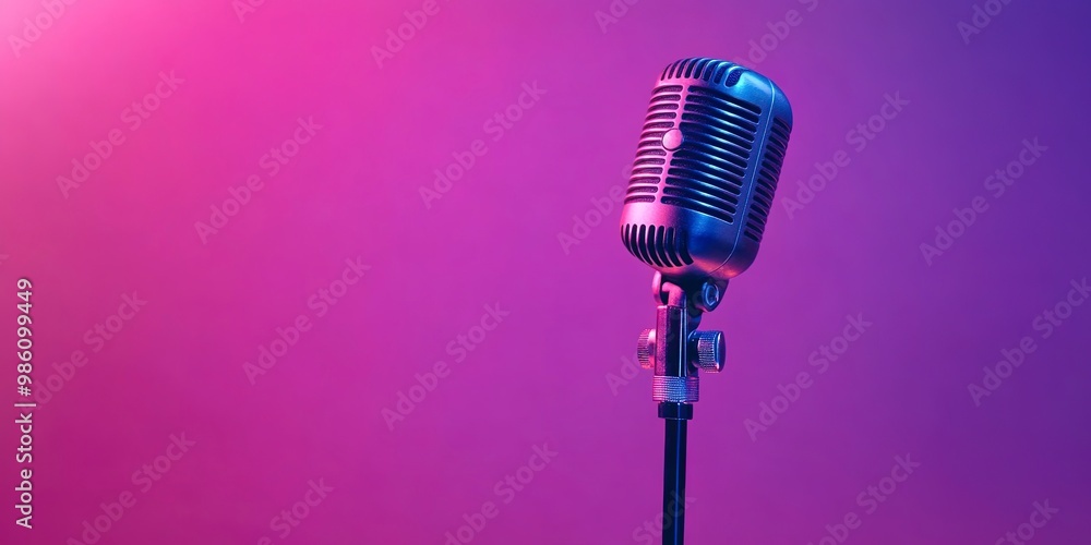 Poster the sound recording studio showcases a professional microphone against a vibrant purple background m