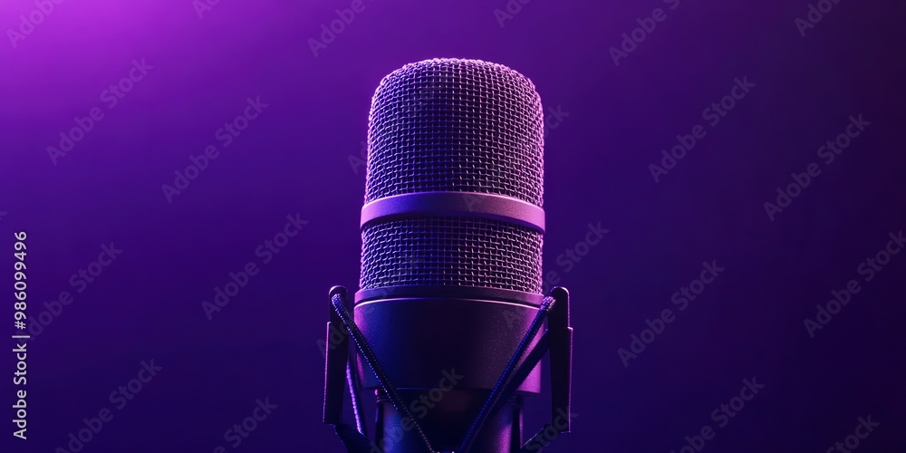 Poster the sound recording studio showcases a professional microphone against a vibrant purple background m