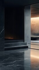 Black marble steps leading to an empty, dark room with a glass door. Minimalist interior design of a modern living space, close-up shot.