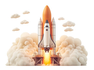 Obraz premium Sunset rocket launch with clouds and smoke isolated on transparent background