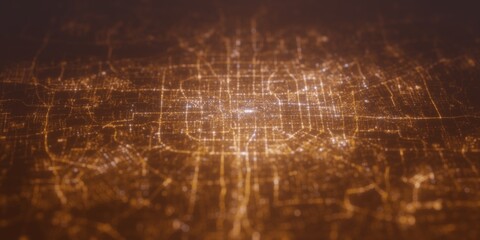 Street lights map of Beijing (China) with tilt-shift effect, view from east. Imitation of macro shot with blurred background. 3d render, selective focus