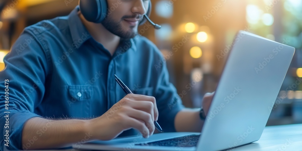 Poster technical support customer service concept, software engineer using laptop computer with customer su