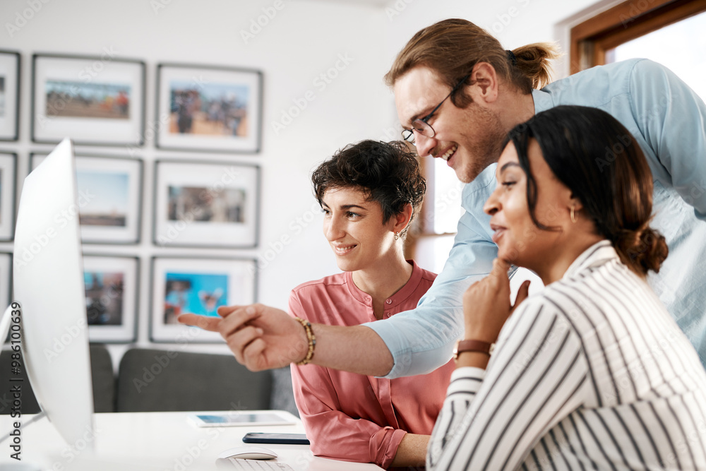 Poster Business, people and happy with pointing on computer at office for deadline or task competition. Employees, coworking and meeting with smile for teaching, learning and advice with software update