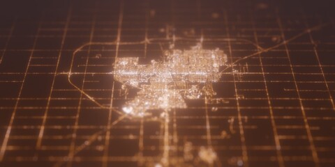 Street lights map of Regina (Canada) with tilt-shift effect, view from east. Imitation of macro shot with blurred background. 3d render, selective focus