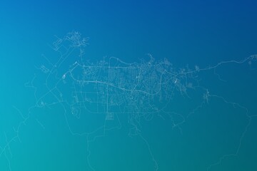 Map of the streets of Malabo (Equatorial Guinea) made with white lines on greenish blue gradient background. 3d render, illustration
