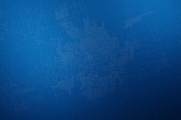 Stylized map of the streets of Mazar-i-Sharif (Afghanistan) made with white lines on abstract blue background lit by two lights. Top view. 3d render, illustration