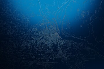 Street map of Phnom Penh (Cambodia) engraved on blue metal background. View with light coming from top. 3d render, illustration